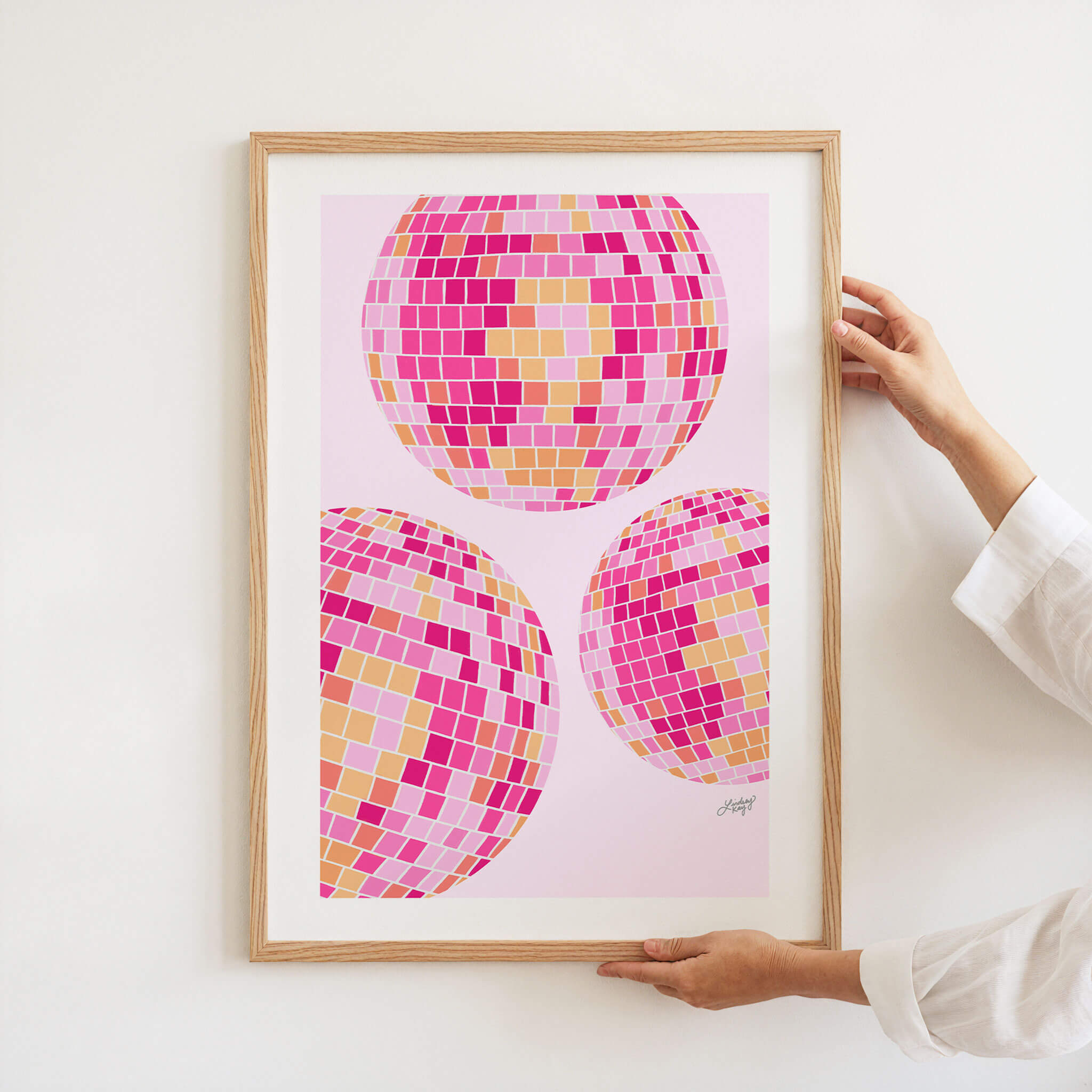 Ilustración de bola de discoteca (paleta rosa/amarilla) Fondo blanco - Impresión de arte